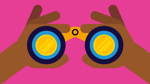 Clipart-style illustration of binoculars with coins in each eyepiece.